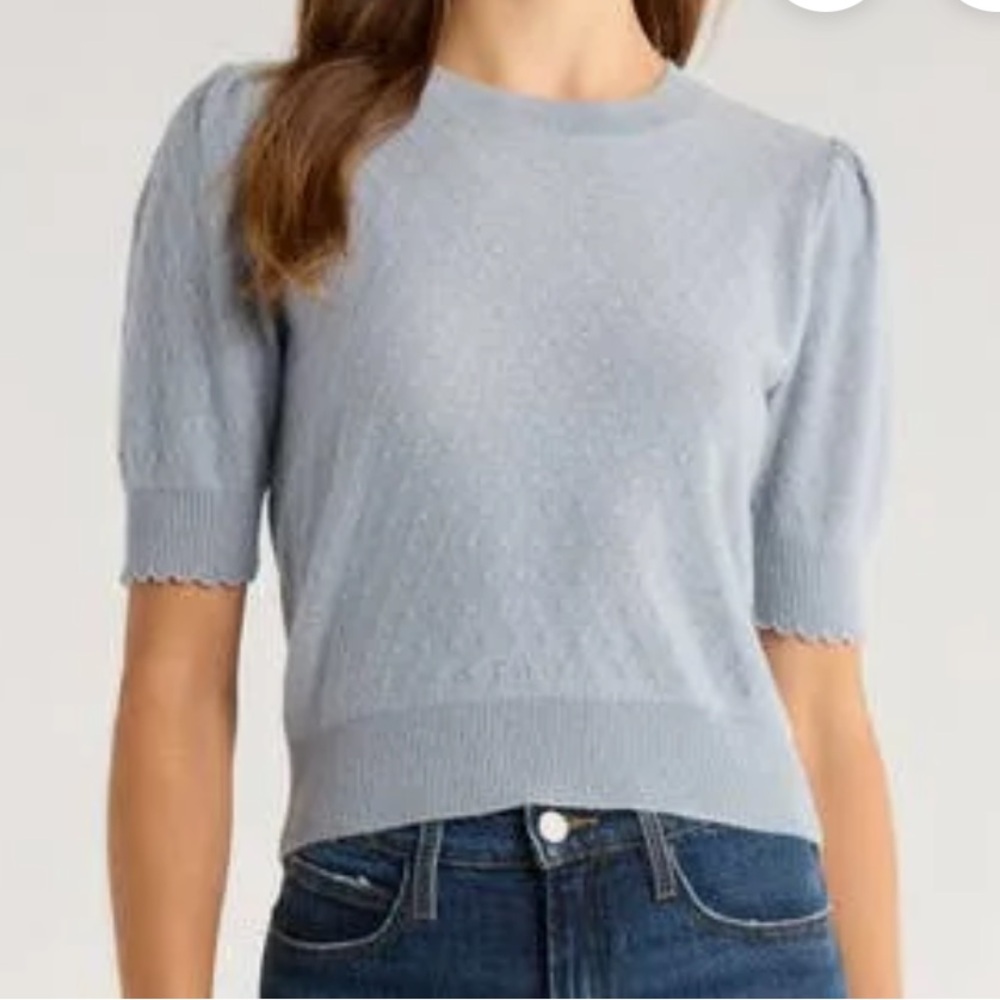 NEW FRAME 100 % Cashmere Pointelle Puff Sleeves  Sweater Pullover.  Size L. NWOT